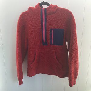 J. Crew Red Sherpa Hoodie with Navy Pocket & Pink Zippers